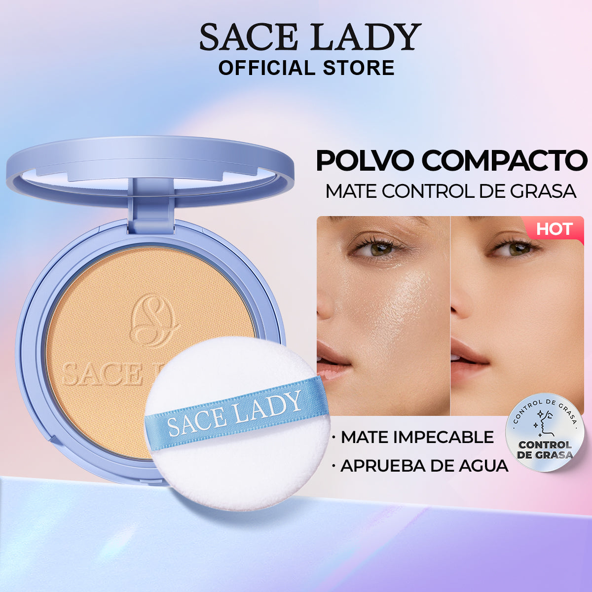 SACE LADY Base de Maquillaje Polvo Compacto Fijador Matte 10g Control de Aceite y Resistente al Agua