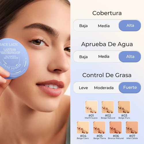 SACE LADY Base de Maquillaje Polvo Compacto Fijador Matte 10g Control de Aceite y Resistente al Agua